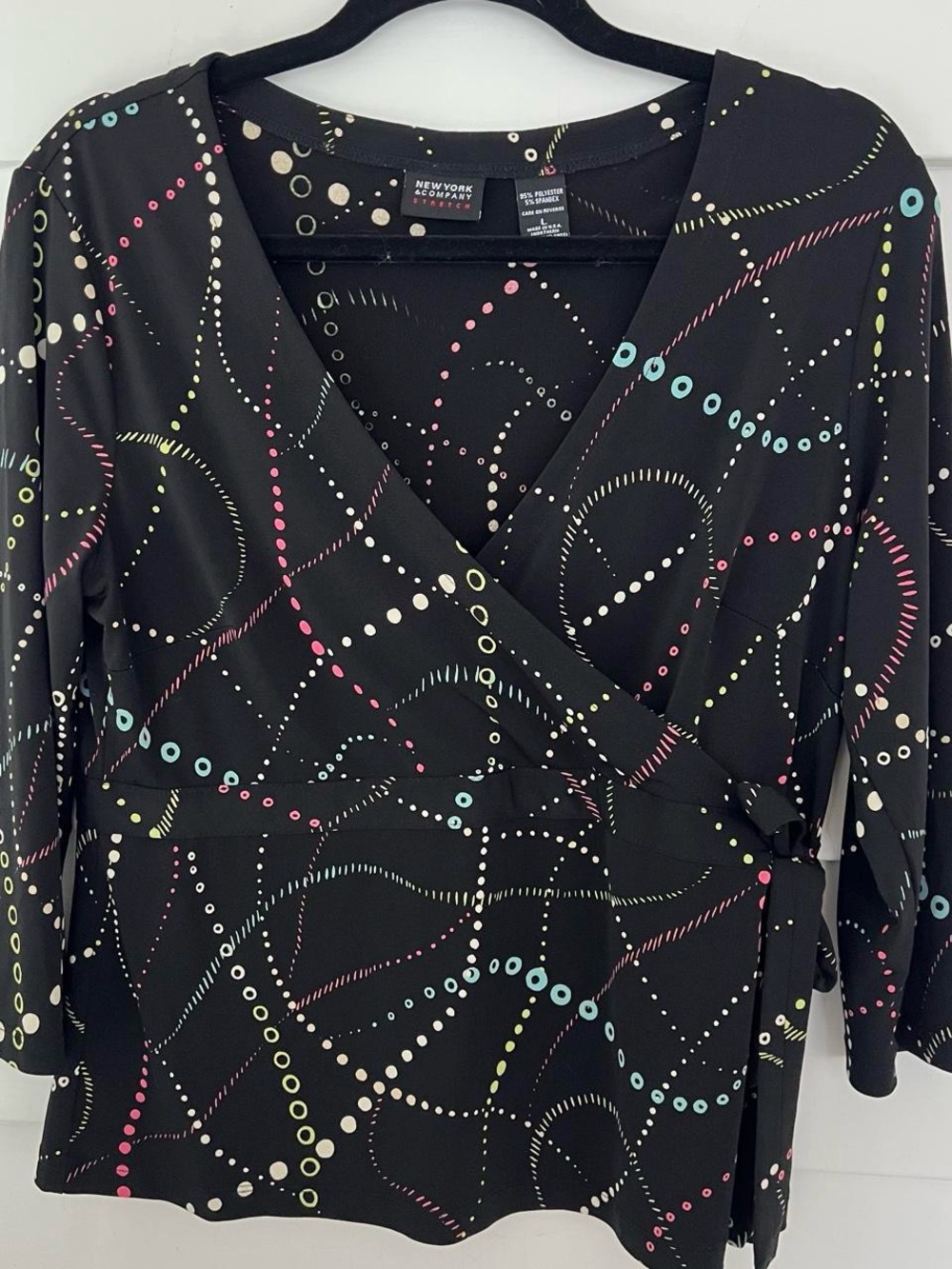 Y2K New York & Company Black Wrap Top with Multicolor Dot Print